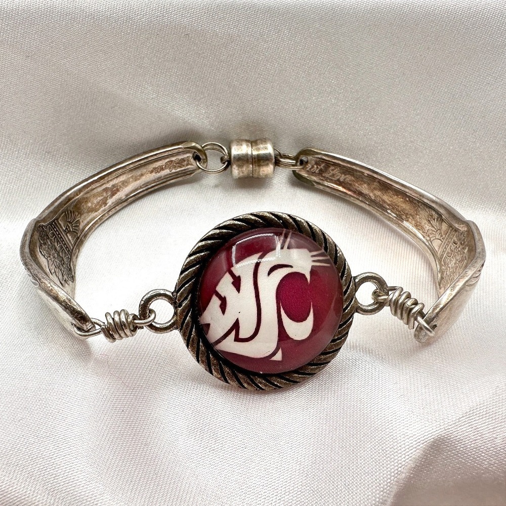 Vintage Y2K Red Glass WSU Cougars Logo Spoon Handle Bracelet Silver Tone Jewelry